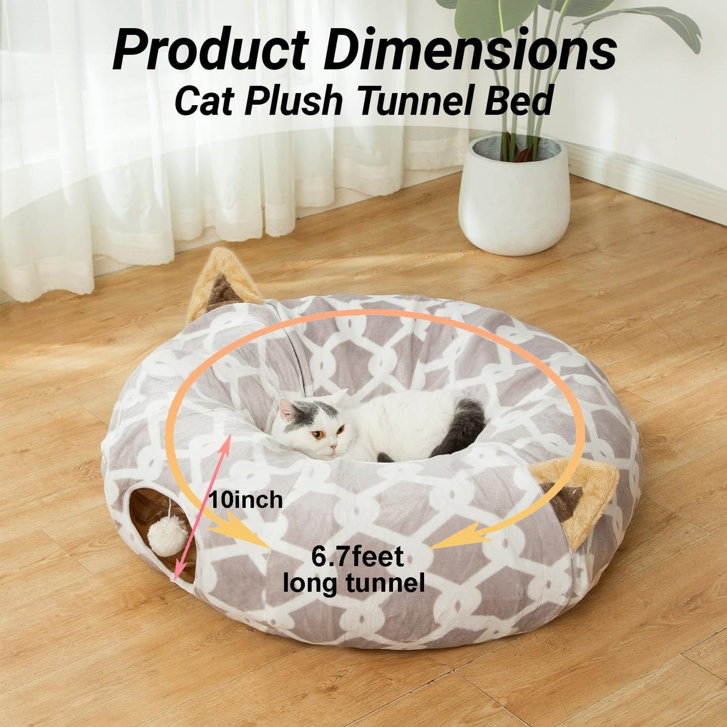 Large Cat Tunnel Bed under Christmas Tree with Fluffy Toy Balls, Small Cushion and Flexible Design- 10 Inch Diameter, 3 Ft Length- Great for Cats, and Small Dogs, Gray Geometric Figure