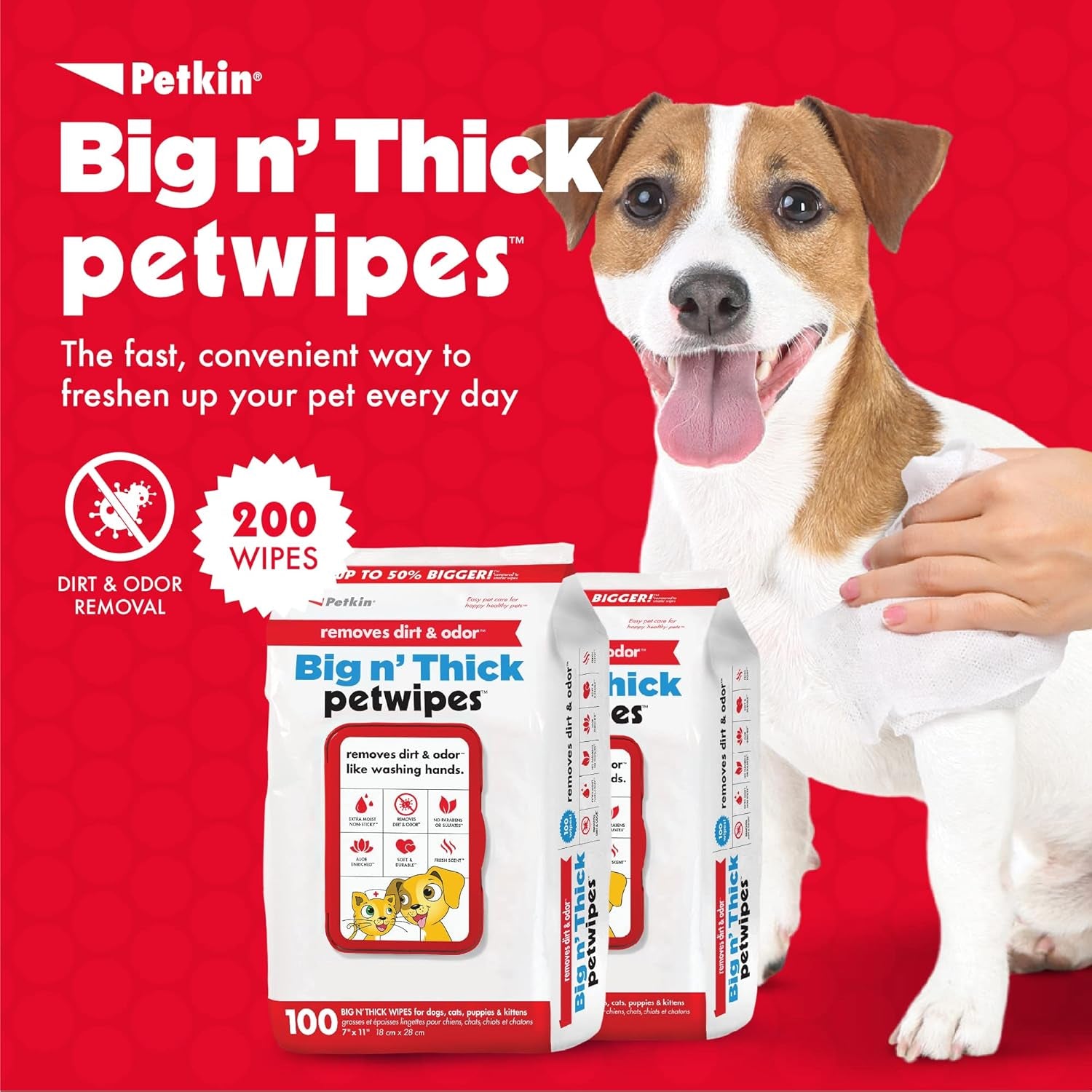 Pet Wipes for Dogs & Cats - 200 Large Wipes - Removes Dirt & Odor - Cleans Ears, Face, Butt, Eye Area - Convenient for Home or Travel - 2 Packs