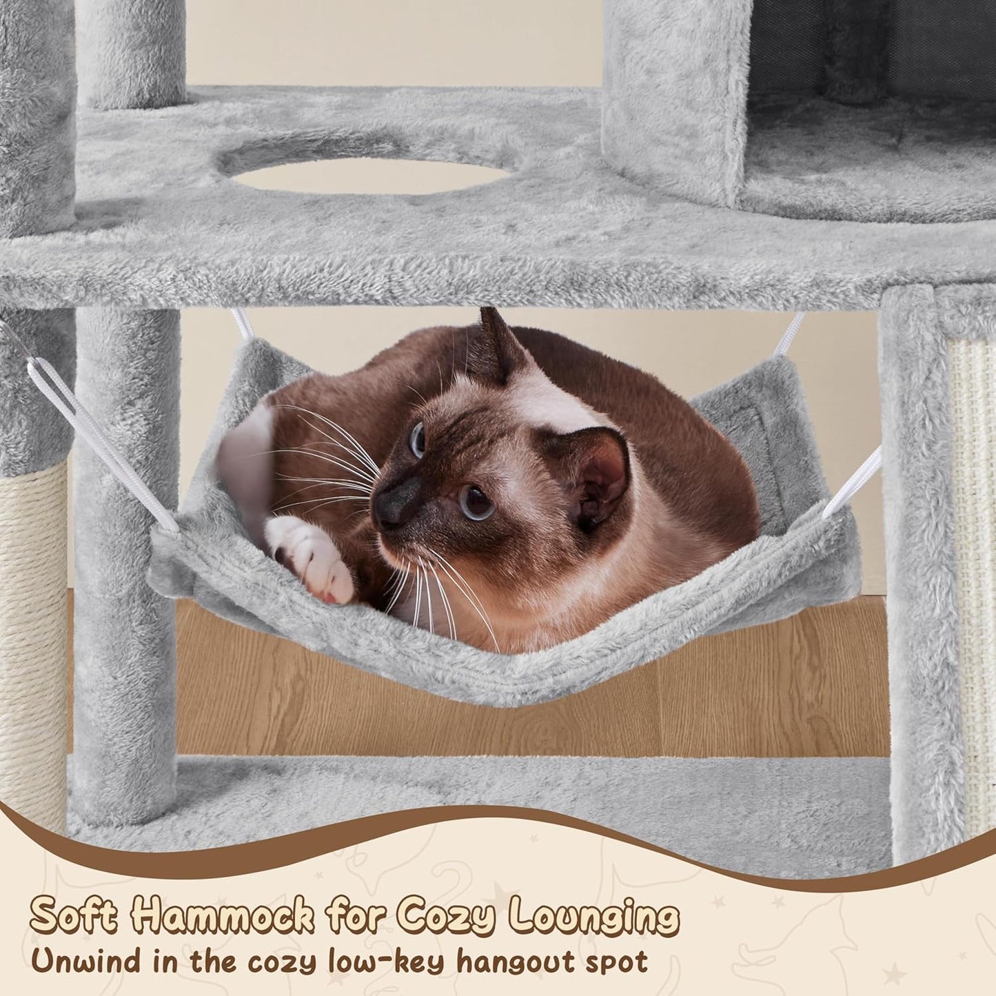 63.5In Multi-Level Cat Tree Tower Condo with Scratching Posts, Platform & Hammock, Cat Activity Center Play Furniture for Kittens, Cats, and Pets