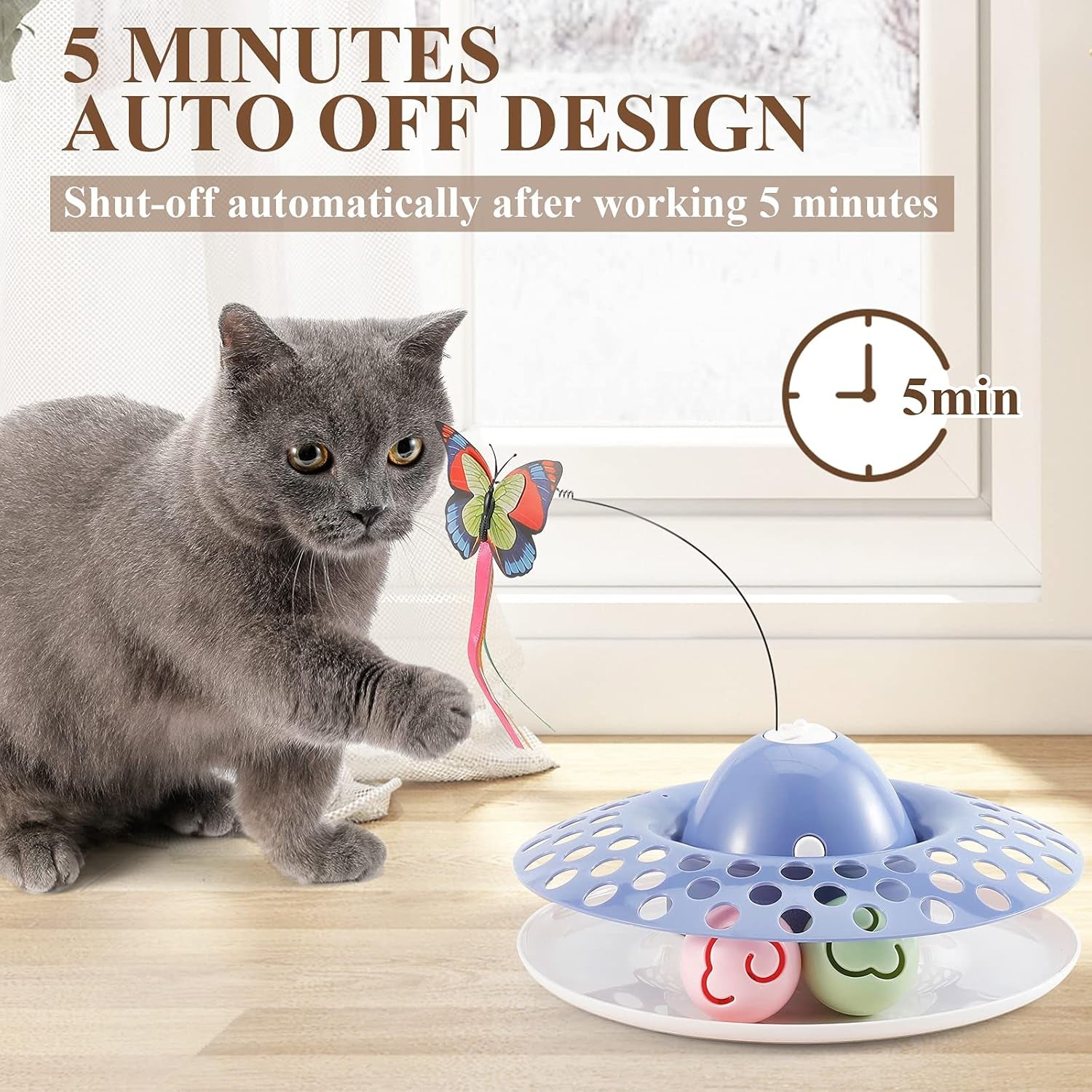 Interactive Cat Toys with 2 Butterfly Replacements, Circle Track with Spinning Moving Balls for Kitten Toys