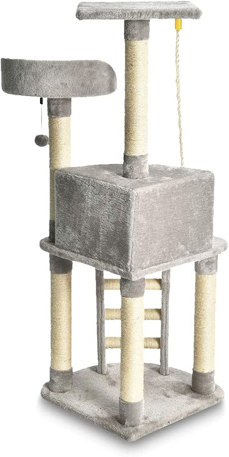 Cat Condo Tree Tower with Scratching Post and Step Ladder, Light Grey, 19 x 19 x 52 Inches