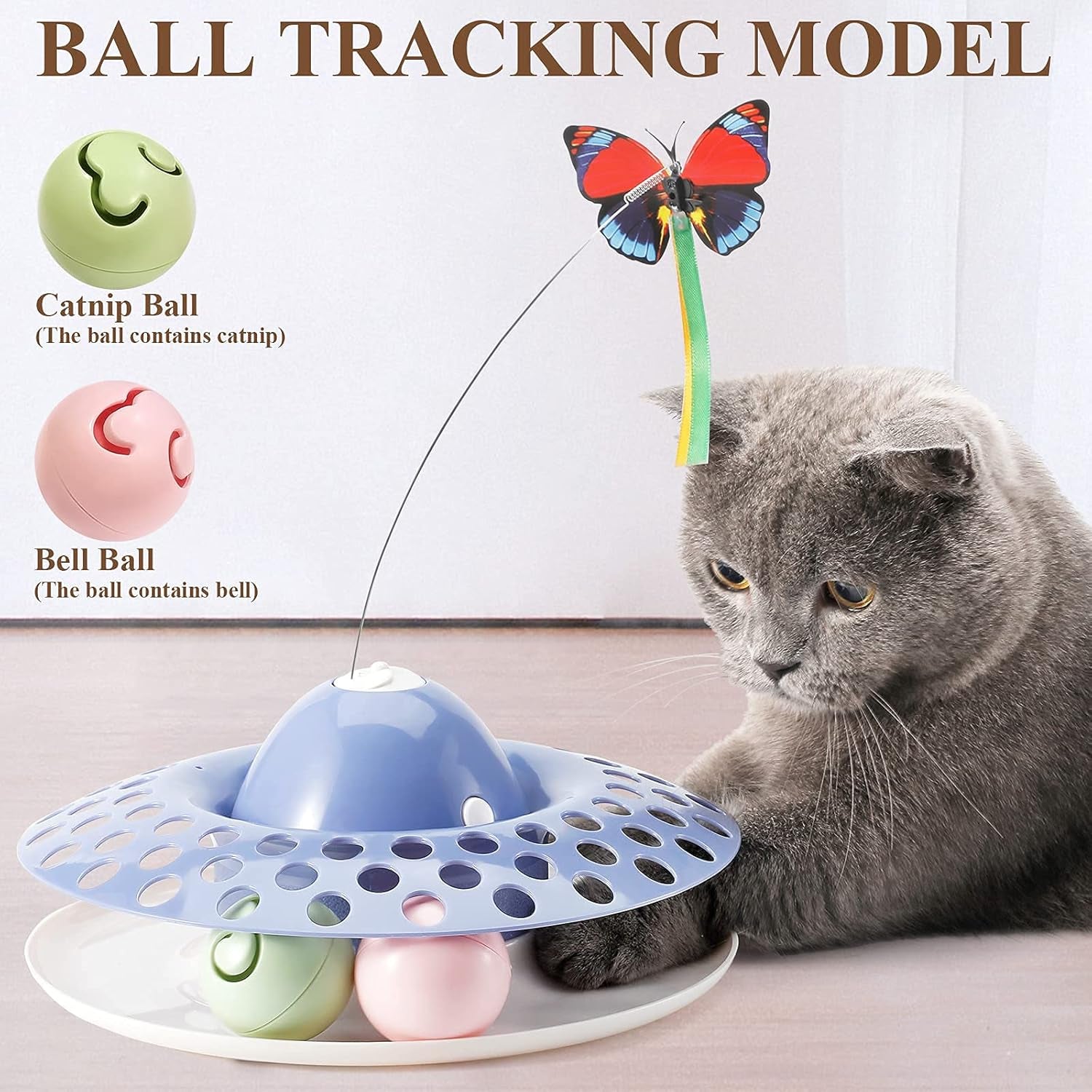 Interactive Cat Toys with 2 Butterfly Replacements, Circle Track with Spinning Moving Balls for Kitten Toys