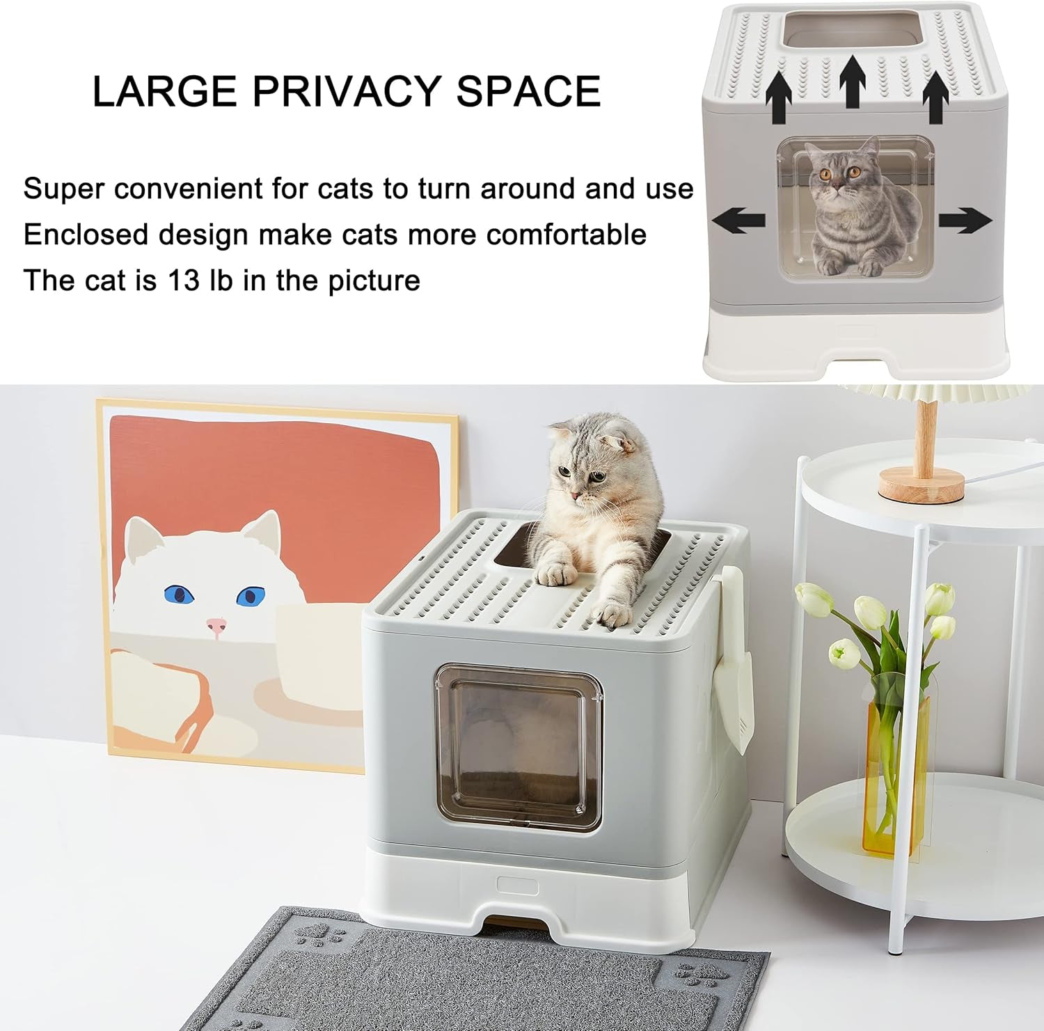 Foldable Cat Litter Box with Lid, Large Top Entry Anti-Splashing with Cat Litter Scoop, Enclosed Plastic Kitty Litter Box with Drawer Type Easy Clean Cat Litter Pan-Gray