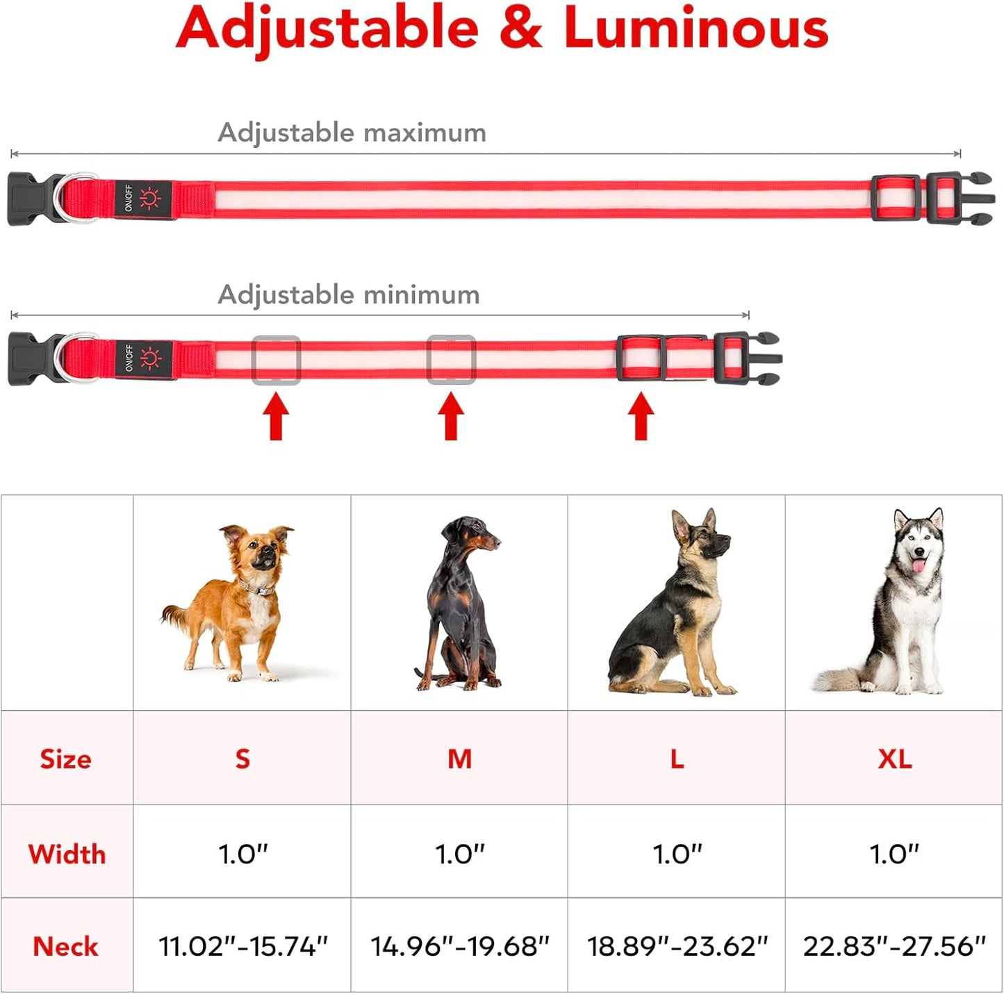 LED Dog Collar, Light up Dog Collar Adjustable USB Rechargeable Super Bright Safety Light Glowing Collars for Dogs(Small,Red)
