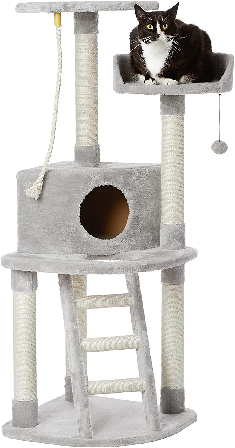 Cat Condo Tree Tower with Scratching Post and Step Ladder, Light Grey, 19 x 19 x 52 Inches