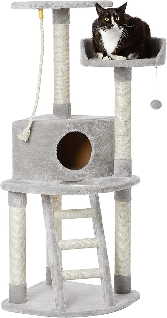 Cat Condo Tree Tower with Scratching Post and Step Ladder, Light Grey, 19 x 19 x 52 Inches