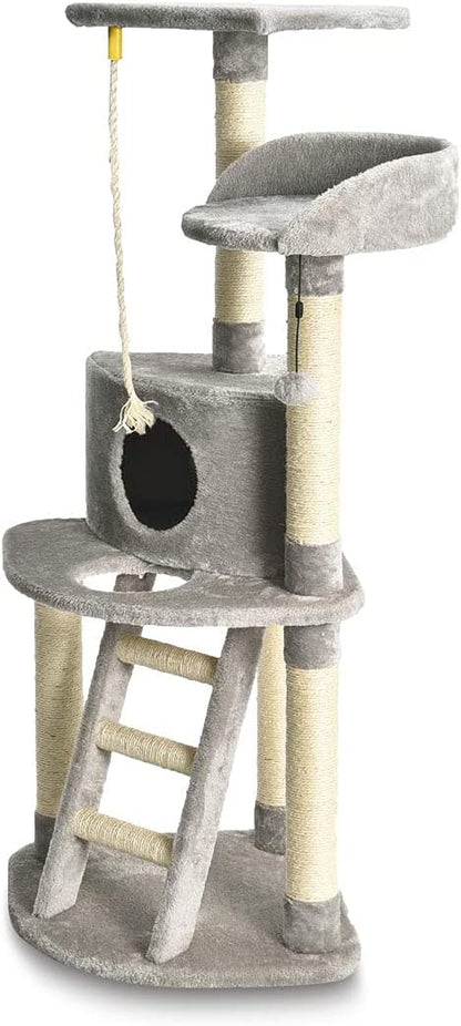 Cat Condo Tree Tower with Scratching Post and Step Ladder, Light Grey, 19 x 19 x 52 Inches