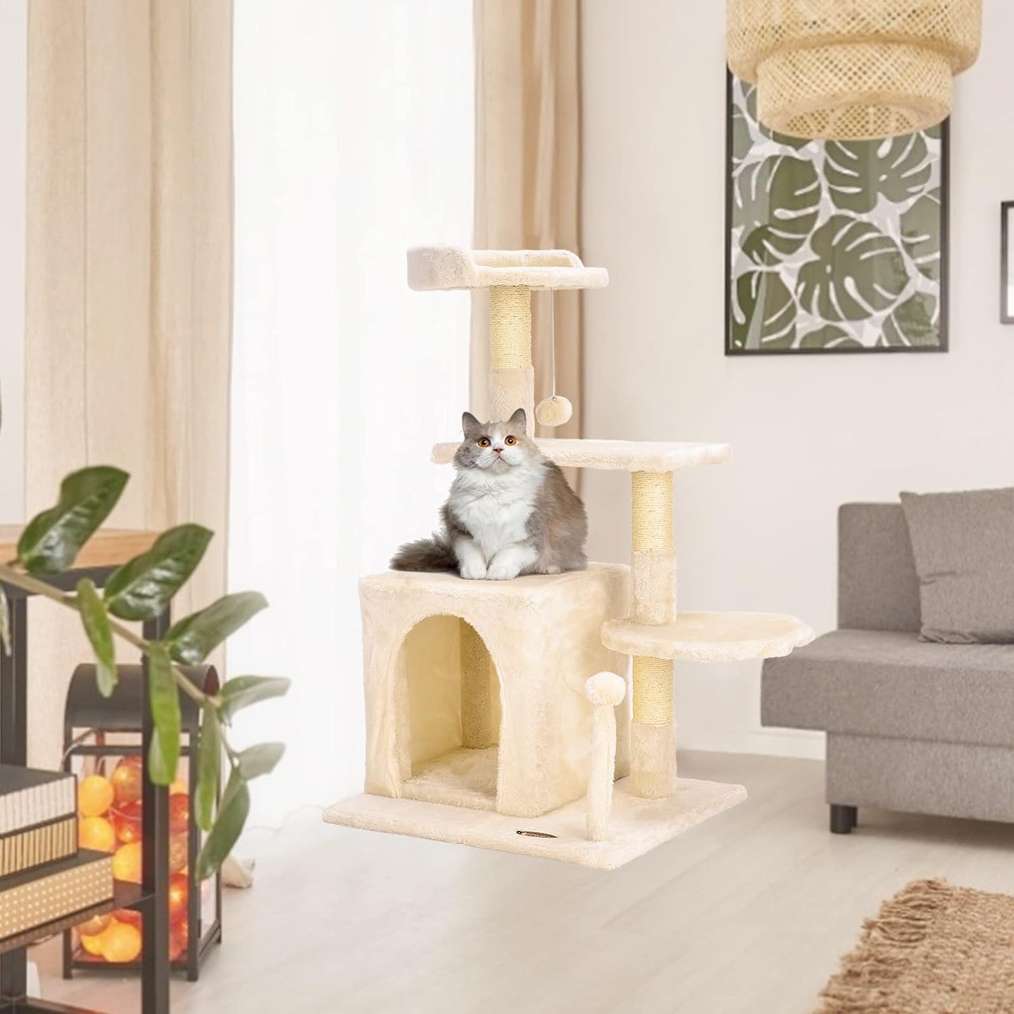 Cat Tree Tower,  Cat Condo Tree Climbing Frame Furniture with Scratching Post Cat House for Outdoor Indoor Cat Tower Cat Activity Centre for Sleeping and Playing (33.5" Beige)