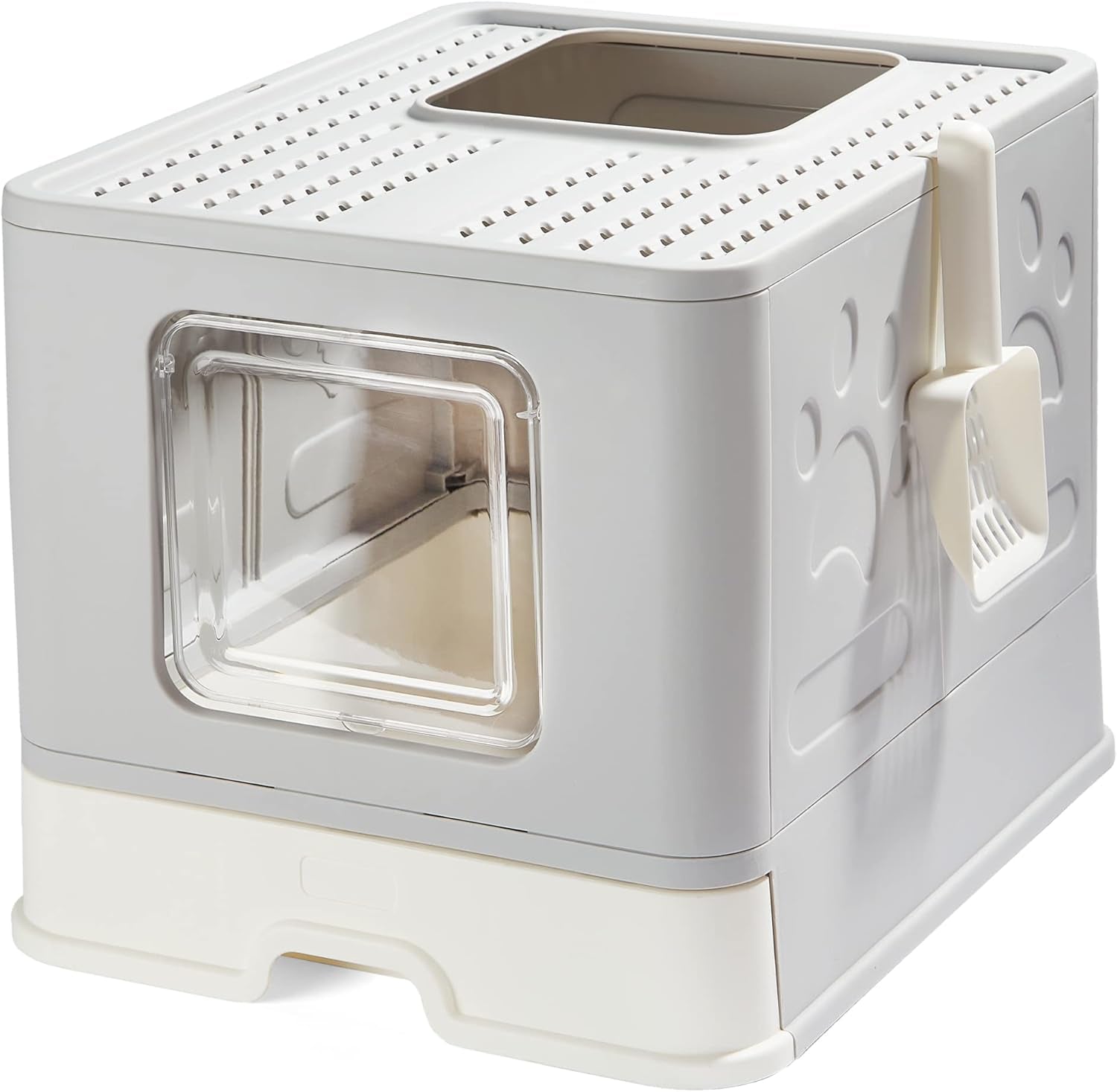 Foldable Cat Litter Box with Lid, Large Top Entry Anti-Splashing with Cat Litter Scoop, Enclosed Plastic Kitty Litter Box with Drawer Type Easy Clean Cat Litter Pan-Gray