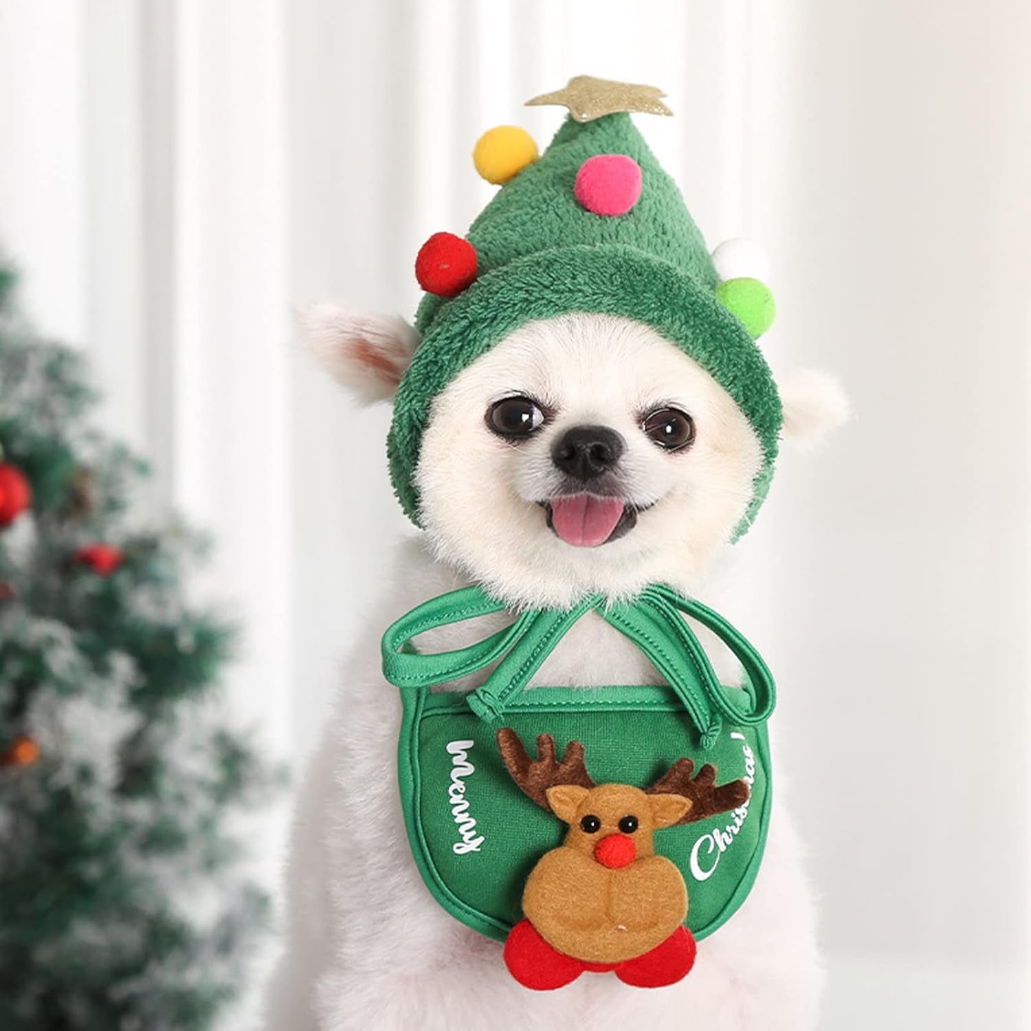 2PCS Christmas Adjustable Pet Christmas Costume Set Including Reindeer Antlers Christmas Tree Headband and Pet Christmas Accessories Decoration Scarf (Green, L)