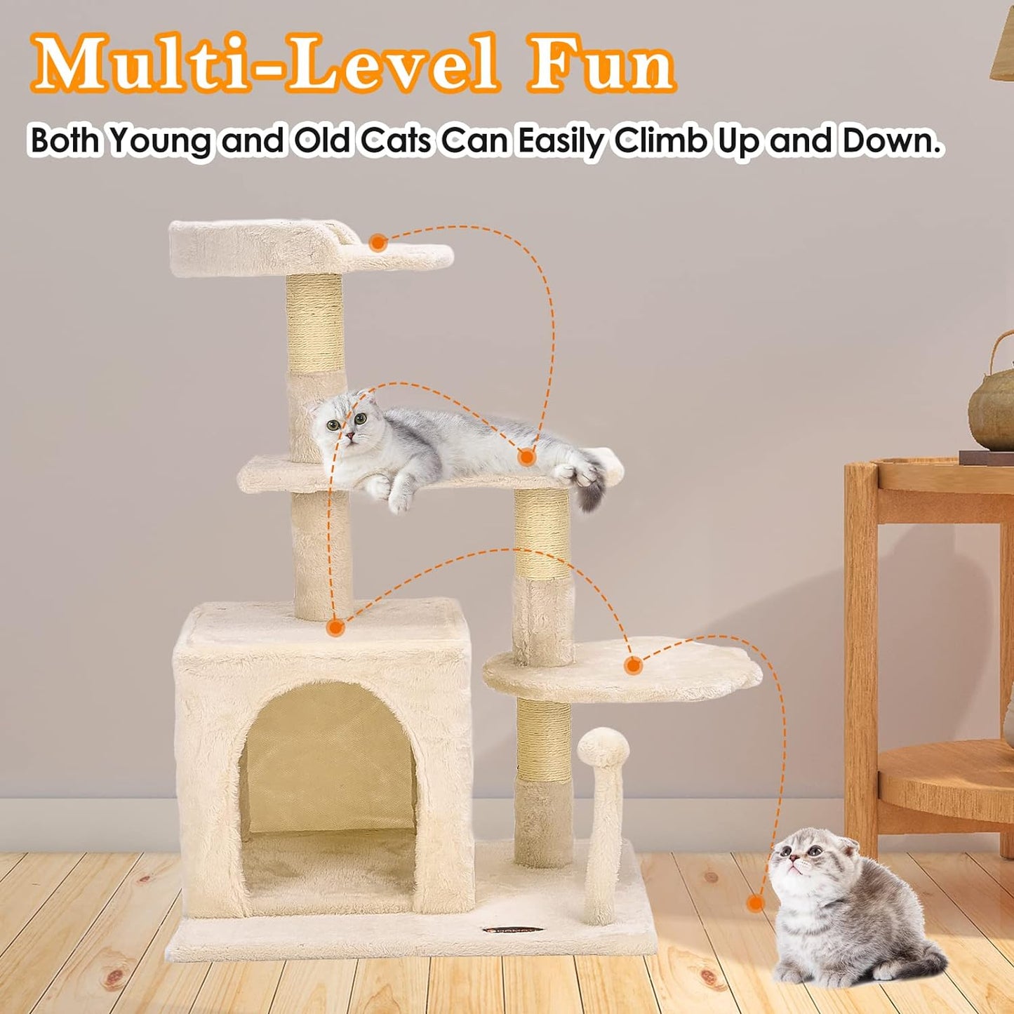Cat Tree Tower,  Cat Condo Tree Climbing Frame Furniture with Scratching Post Cat House for Outdoor Indoor Cat Tower Cat Activity Centre for Sleeping and Playing (33.5" Beige)