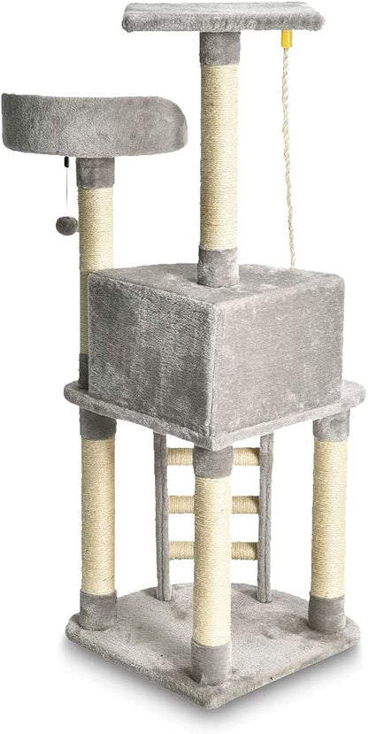 Cat Condo Tree Tower with Scratching Post and Step Ladder, Light Grey, 19 x 19 x 52 Inches