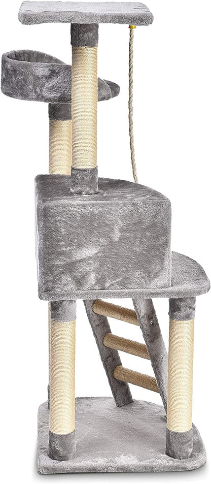 Cat Condo Tree Tower with Scratching Post and Step Ladder, Light Grey, 19 x 19 x 52 Inches