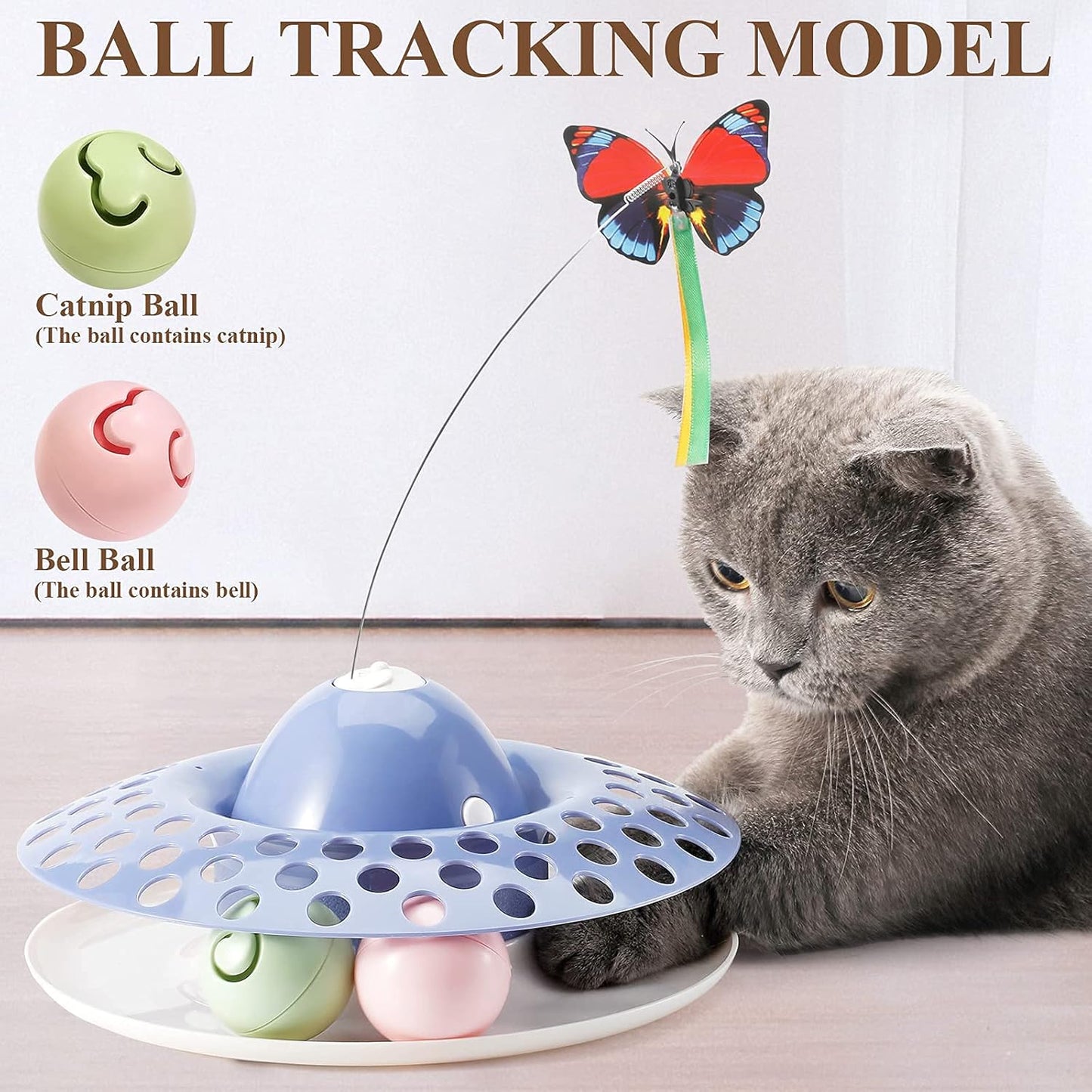 Interactive Cat Toys with 2 Butterfly Replacements， Circle Track with Spinning Moving Balls for Kitten Toys
