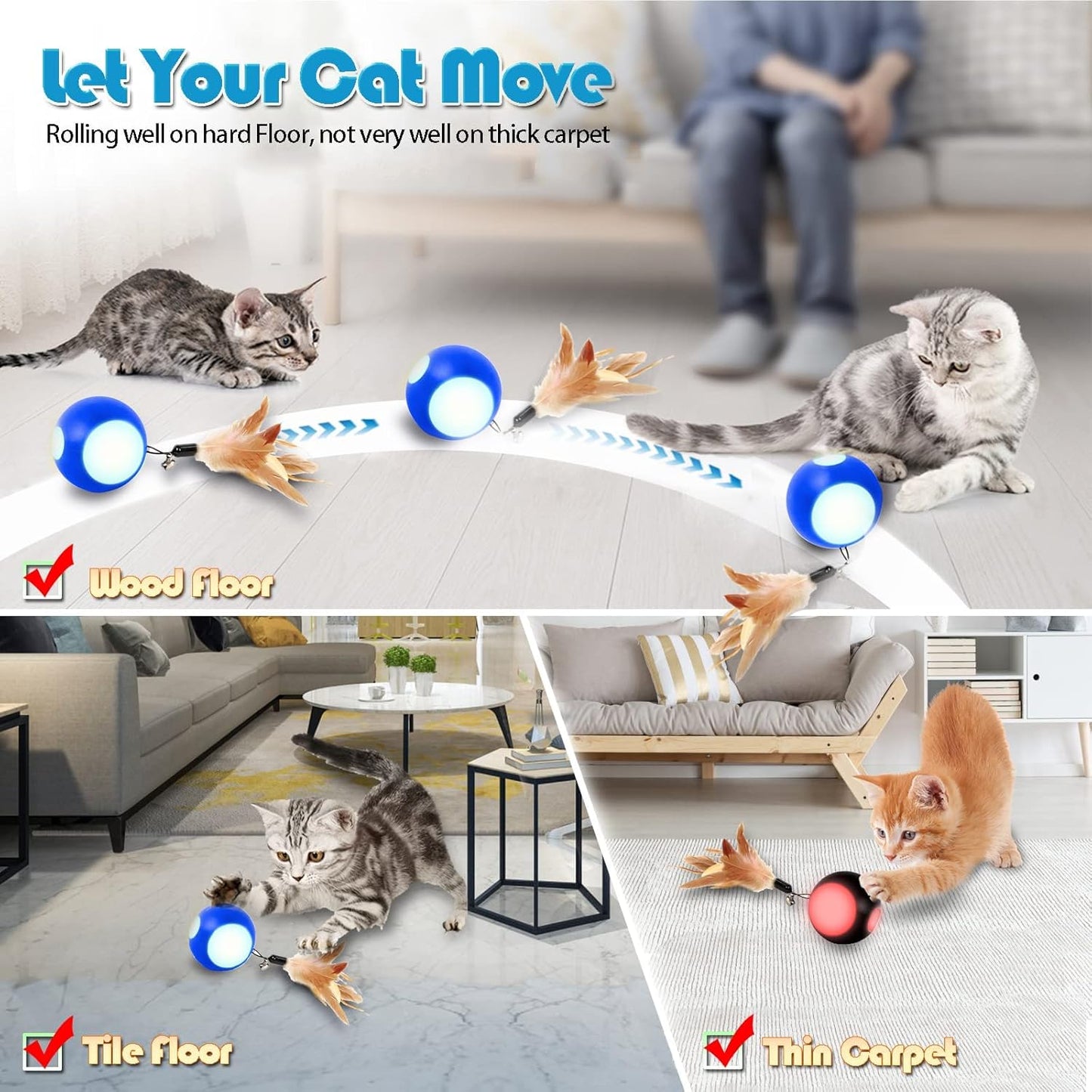 Automatic Interactive Cat Toy Ball Toy Moving Wicked Ball for Indoor Cats/Kitten, Rechargable Interactive Feather Wicked Ball with Bell & LED Lights for Your Pet Play/Exercise(Black)