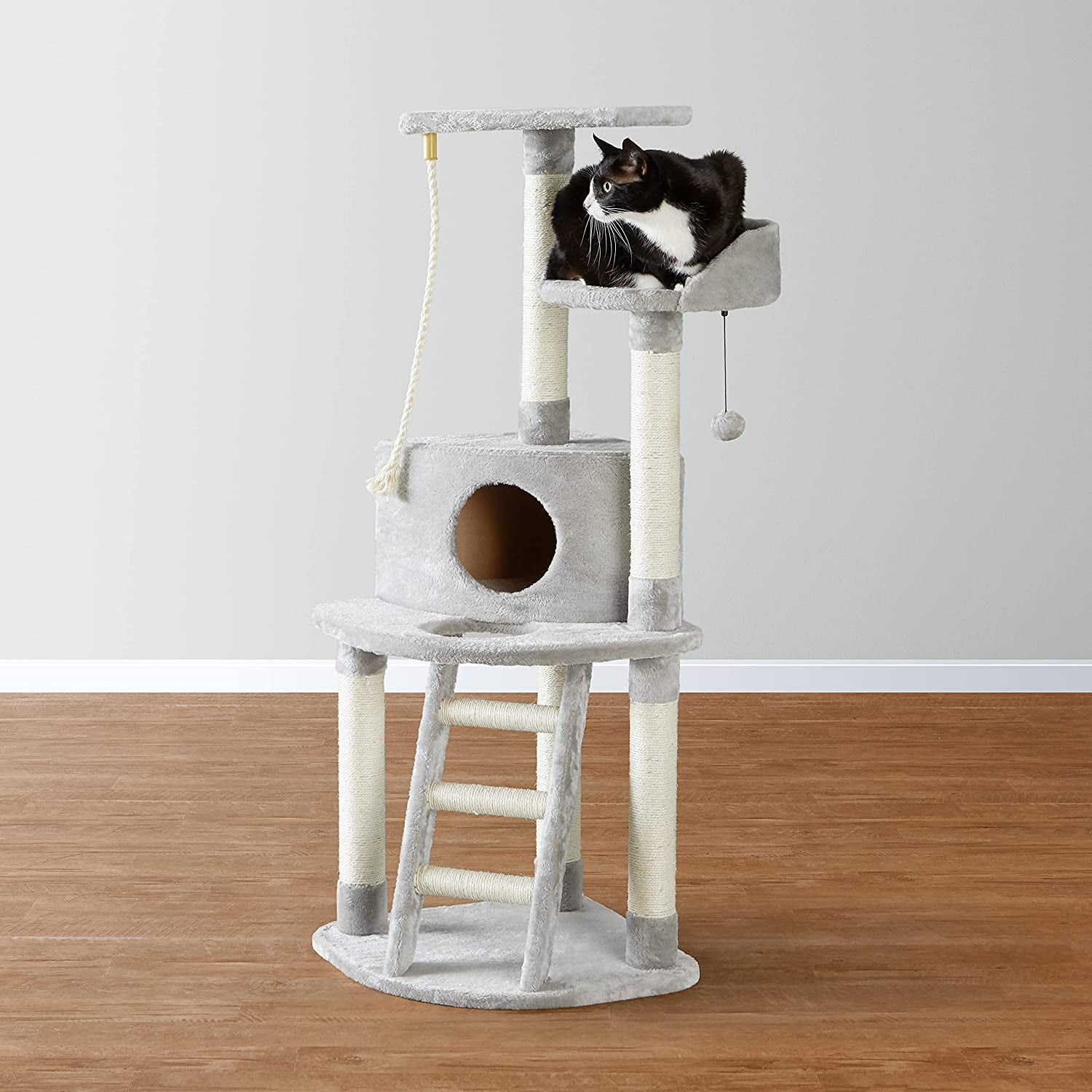 Cat Condo Tree Tower with Scratching Post and Step Ladder, Light Grey, 19 x 19 x 52 Inches