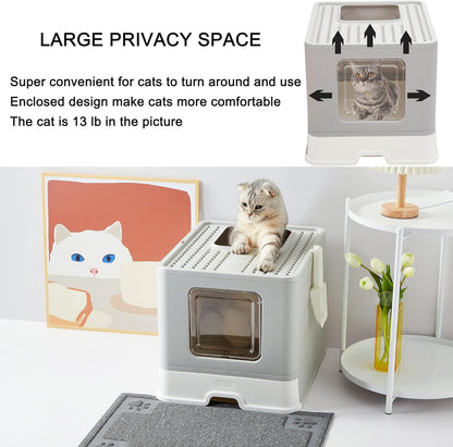 Foldable Cat Litter Box with Lid, Large Top Entry Anti-Splashing with Cat Litter Scoop, Enclosed Plastic Kitty Litter Box with Drawer Type Easy Clean Cat Litter Pan-Gray