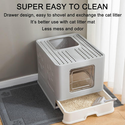 Foldable Cat Litter Box with Lid, Large Top Entry Anti-Splashing with Cat Litter Scoop, Enclosed Plastic Kitty Litter Box with Drawer Type Easy Clean Cat Litter Pan-Gray