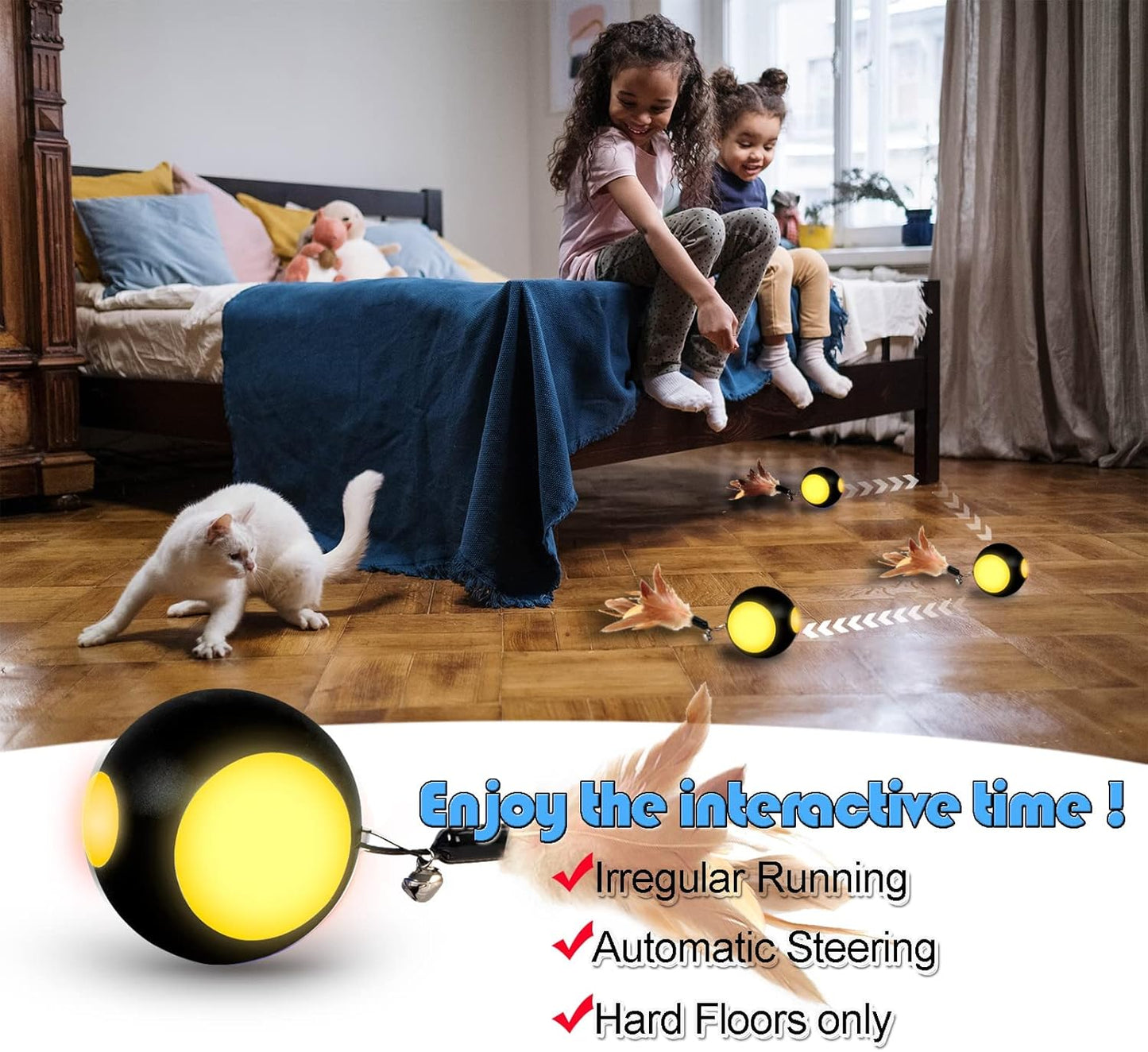 Automatic Interactive Cat Toy Ball Toy Moving Wicked Ball for Indoor Cats/Kitten, Rechargable Interactive Feather Wicked Ball with Bell & LED Lights for Your Pet Play/Exercise(Black)