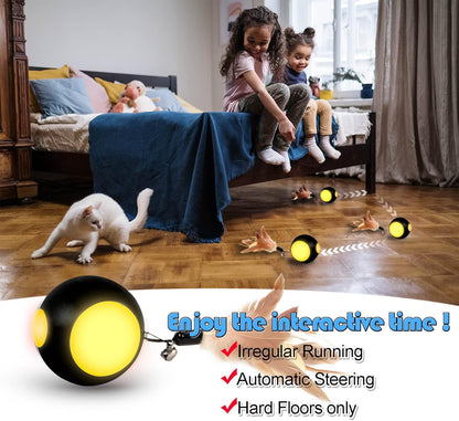 Automatic Interactive Cat Toy Ball Toy Moving Wicked Ball for Indoor Cats/Kitten, Rechargable Interactive Feather Wicked Ball with Bell & LED Lights for Your Pet Play/Exercise(Black)
