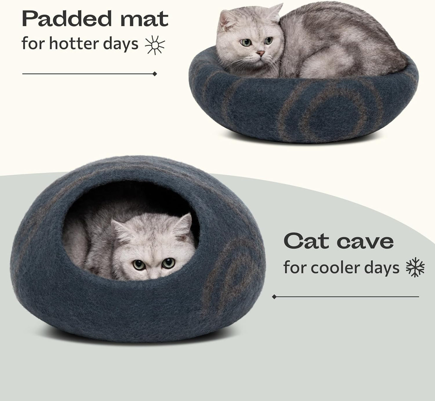 Premium Felt Cat Bed Cave - Handmade 100% Merino Wool Bed for Cats and Kittens (Large, Slate Grey)