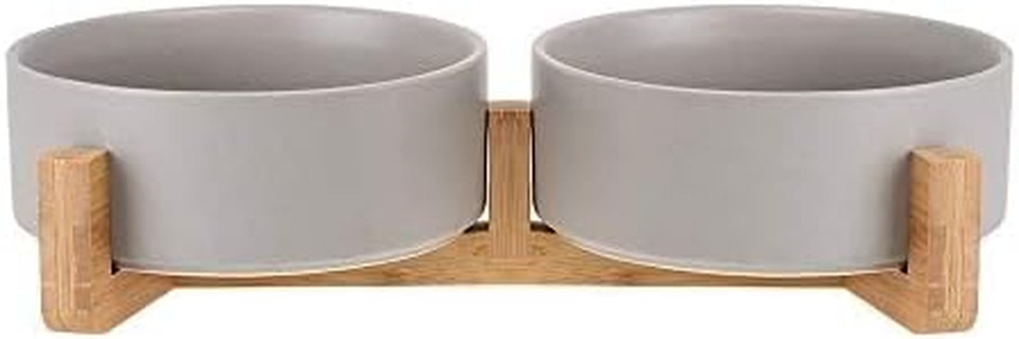 Grey Ceramic Cat Dog Bowl Dish with Wood Stand No Spill Pet Food Water Feeder Cats Small Dogs Set of 2