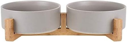 Grey Ceramic Cat Dog Bowl Dish with Wood Stand No Spill Pet Food Water Feeder Cats Small Dogs Set of 2