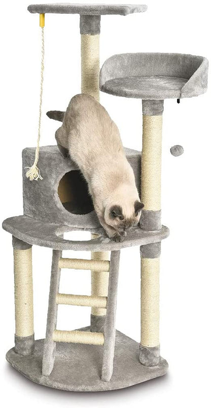 Cat Condo Tree Tower with Scratching Post and Step Ladder, Light Grey, 19 x 19 x 52 Inches