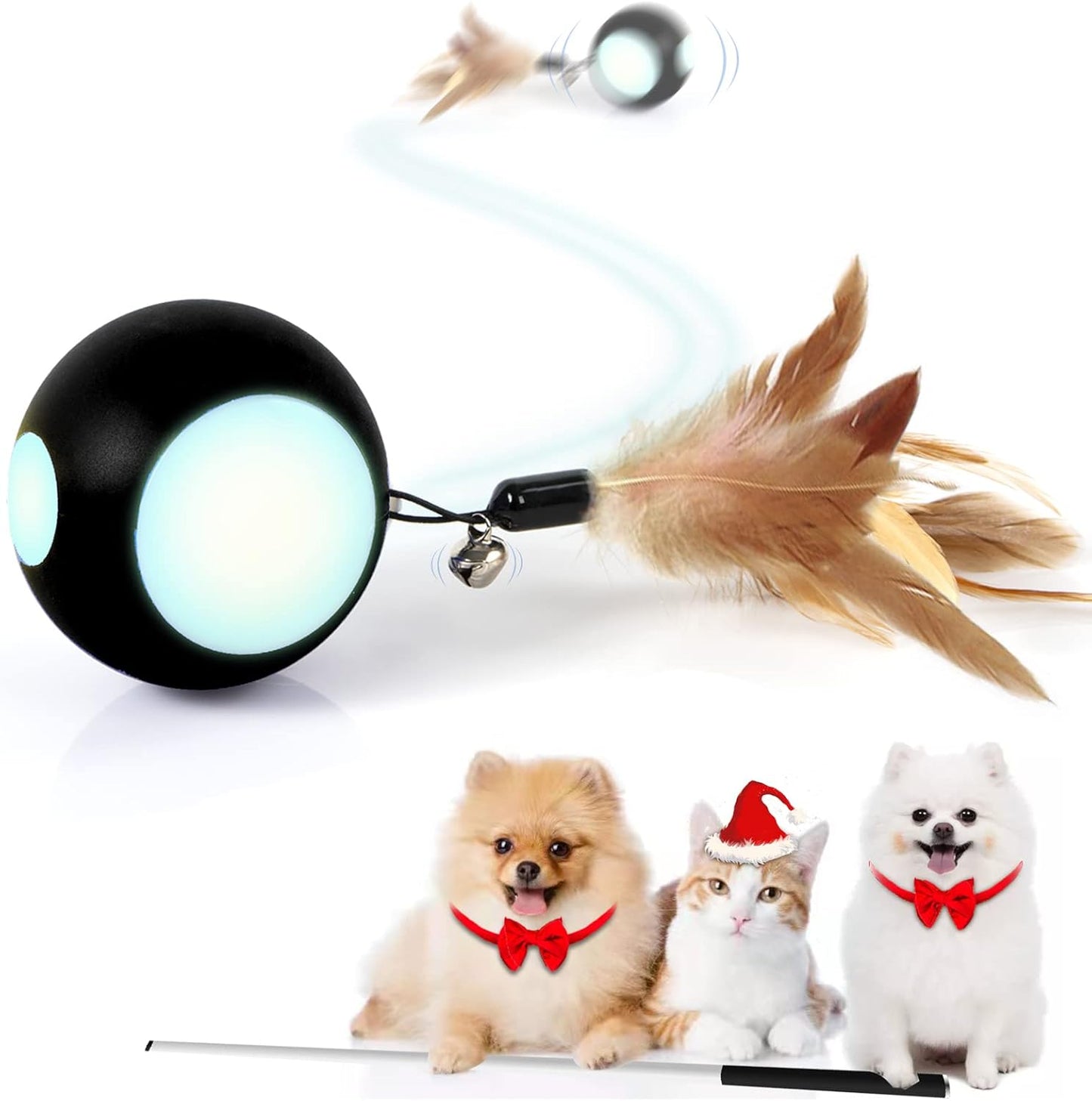 Automatic Interactive Cat Toy Ball Toy Moving Wicked Ball for Indoor Cats/Kitten, Rechargable Interactive Feather Wicked Ball with Bell & LED Lights for Your Pet Play/Exercise(Black)