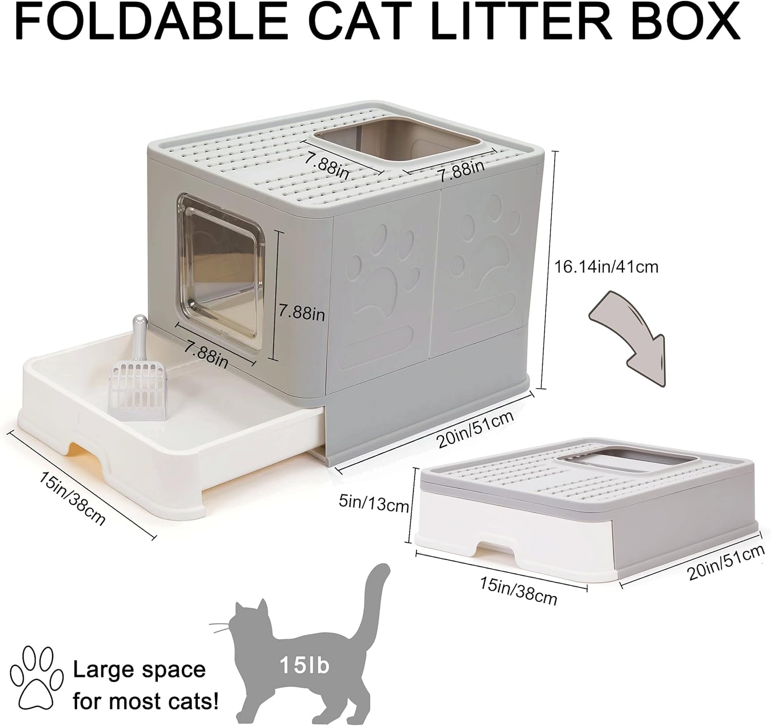 Foldable Cat Litter Box with Lid, Large Top Entry Anti-Splashing with Cat Litter Scoop, Enclosed Plastic Kitty Litter Box with Drawer Type Easy Clean Cat Litter Pan-Gray