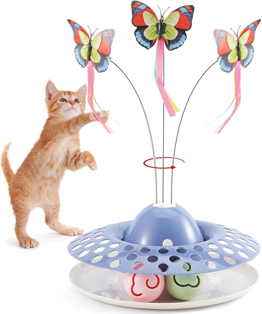 Interactive Cat Toys with 2 Butterfly Replacements， Circle Track with Spinning Moving Balls for Kitten Toys