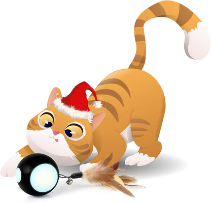 Automatic Interactive Cat Toy Ball Toy Moving Wicked Ball for Indoor Cats/Kitten, Rechargable Interactive Feather Wicked Ball with Bell & LED Lights for Your Pet Play/Exercise(Black)