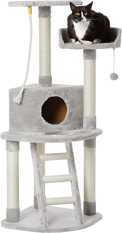 Cat Condo Tree Tower with Scratching Post and Step Ladder, Light Grey, 19 x 19 x 52 Inches