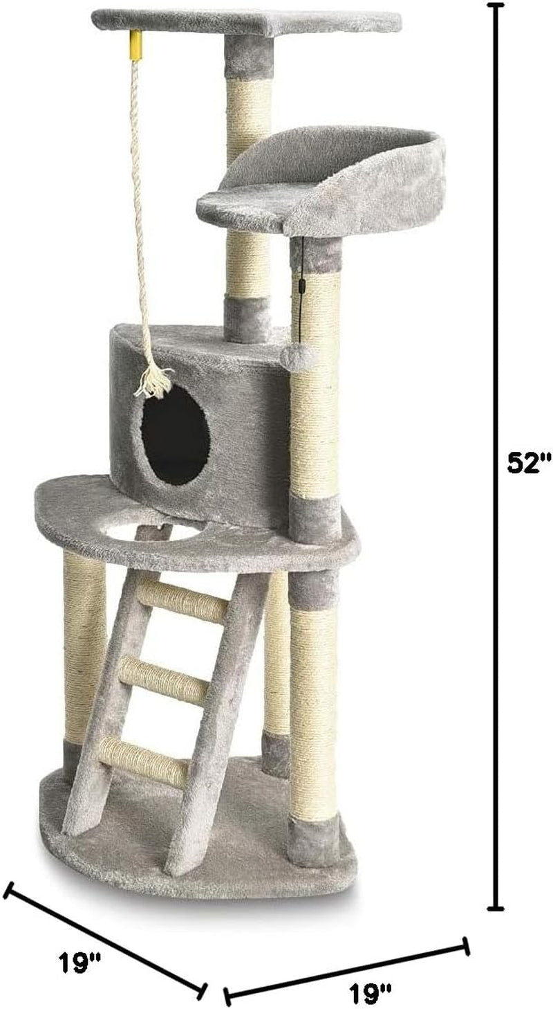 Cat Condo Tree Tower with Scratching Post and Step Ladder, Light Grey, 19 x 19 x 52 Inches